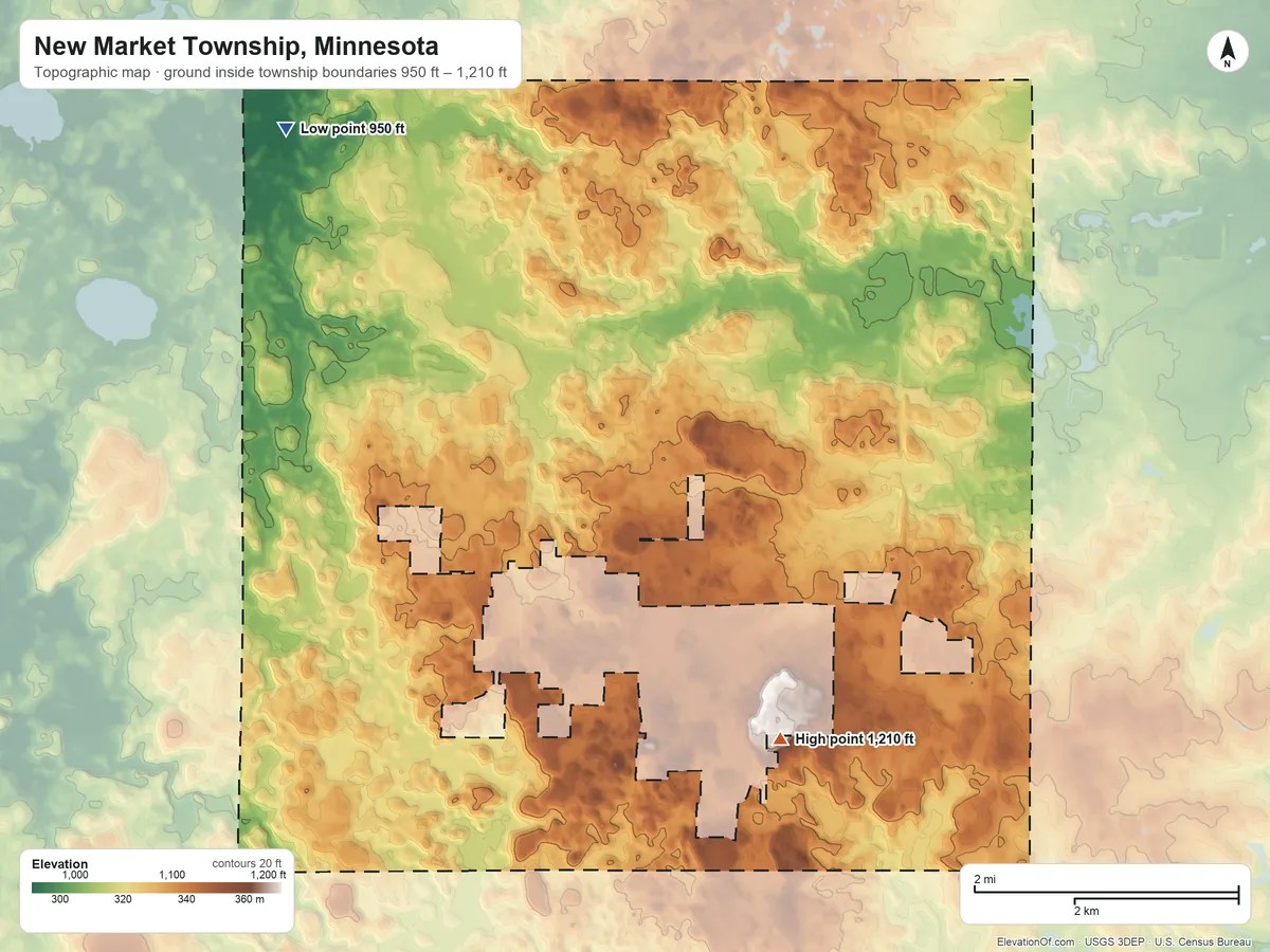 Topographic elevation map of New Market Township, Minnesota, shaded from 950 ft on the northwest side to 1,210 ft on the south side