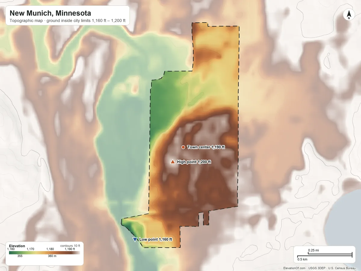 Topographic elevation map of New Munich, Minnesota, shaded from 1,160 ft on the southwest side to 1,200 ft near the middle