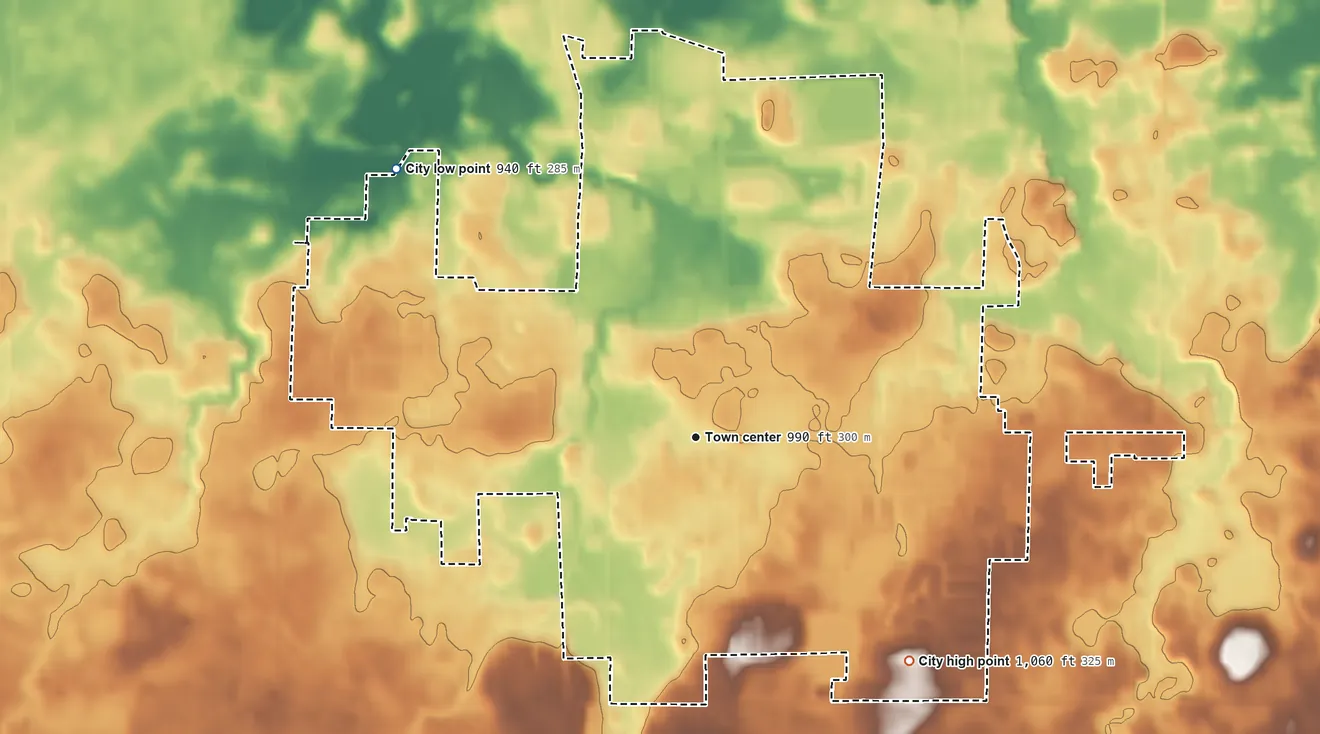 Topographic elevation map of New Prague, Minnesota, shaded from 940 ft on the northwest side to 1,060 ft on the southeast side