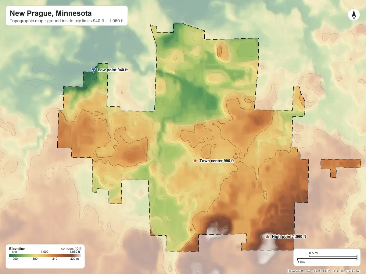 Topographic elevation map of New Prague, Minnesota, shaded from 940 ft on the northwest side to 1,060 ft on the southeast side