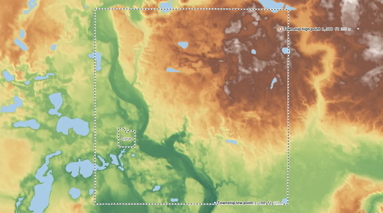 Topographic elevation map of New Prairie Township, Minnesota, shaded from 1,100 ft on the south side to 1,300 ft on the northeast side