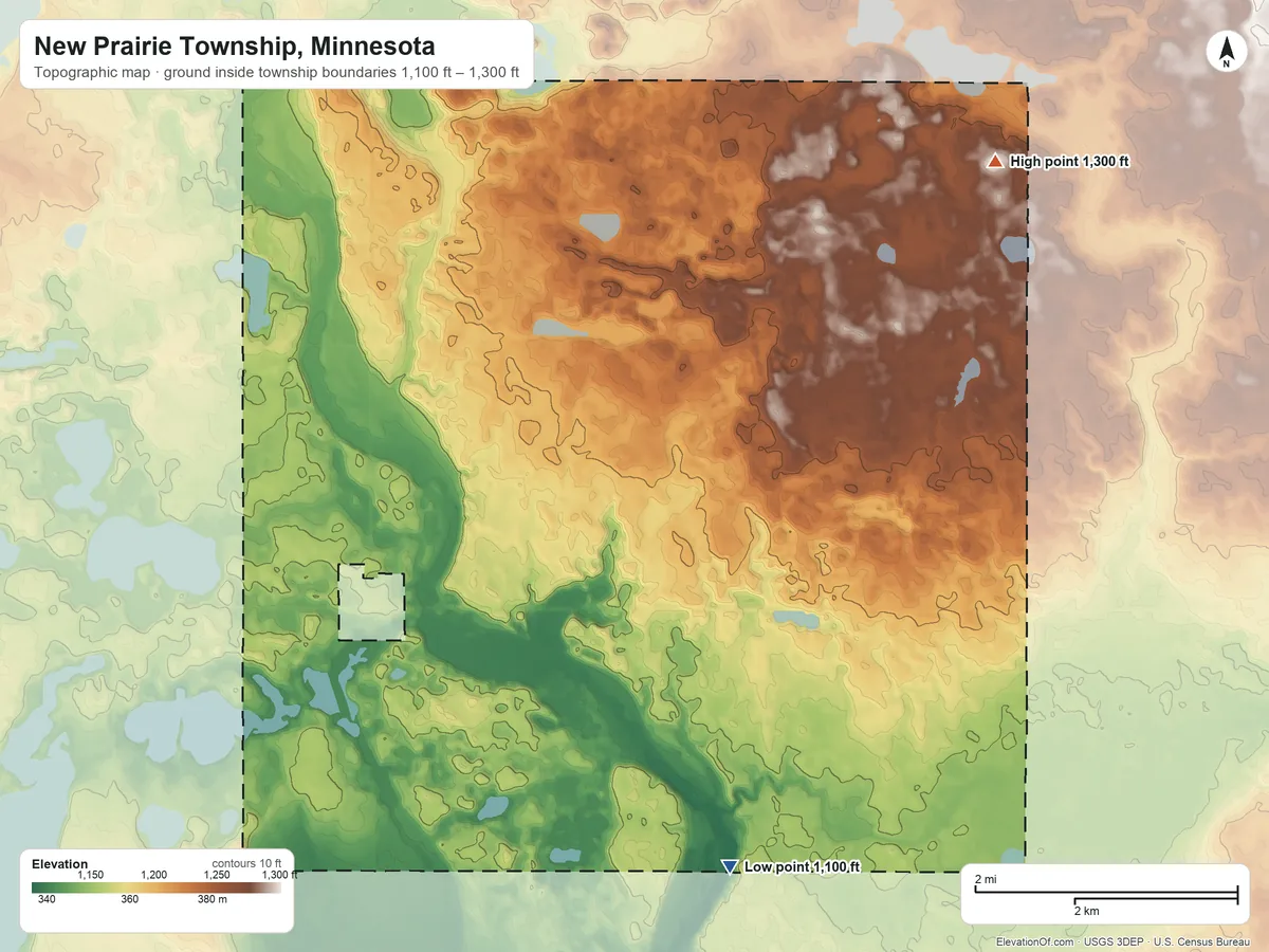 Topographic elevation map of New Prairie Township, Minnesota, shaded from 1,100 ft on the south side to 1,300 ft on the northeast side
