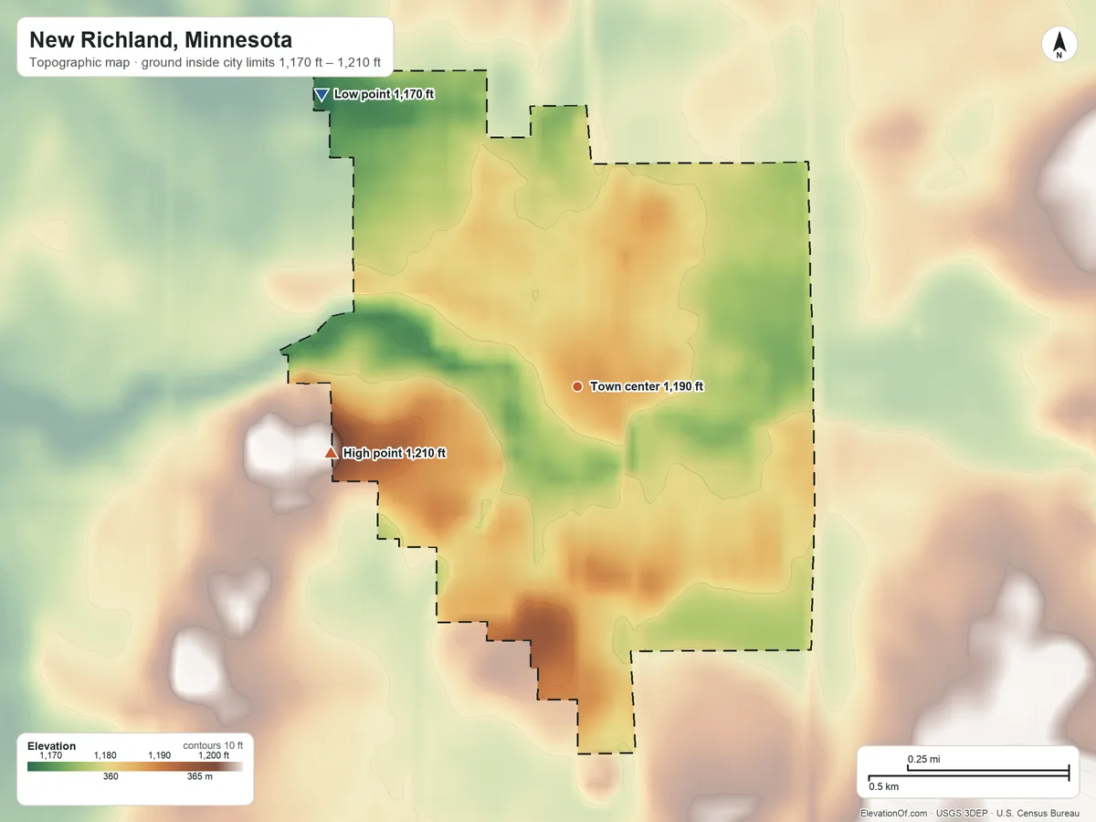 Topographic elevation map of New Richland, Minnesota, shaded from 1,170 ft on the northwest side to 1,210 ft on the west side