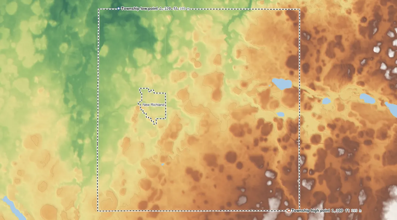 Topographic elevation map of New Richland Township, Minnesota, shaded from 1,120 ft on the northwest side to 1,300 ft on the southeast side