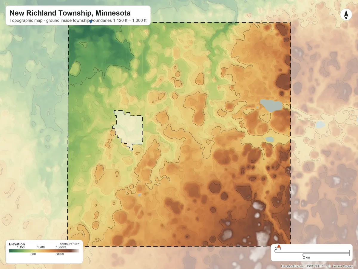 Topographic elevation map of New Richland Township, Minnesota, shaded from 1,120 ft on the northwest side to 1,300 ft on the southeast side