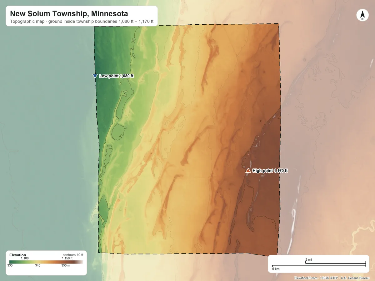 Topographic elevation map of New Solum Township, Minnesota, shaded from 1,080 ft on the northwest side to 1,170 ft on the east side