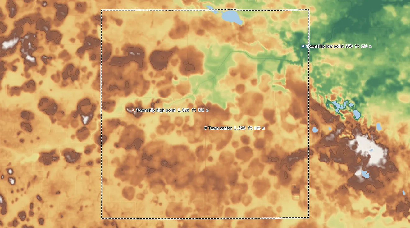 Topographic elevation map of New Sweden Township, Minnesota, shaded from 950 ft on the northeast side to 1,020 ft on the west side