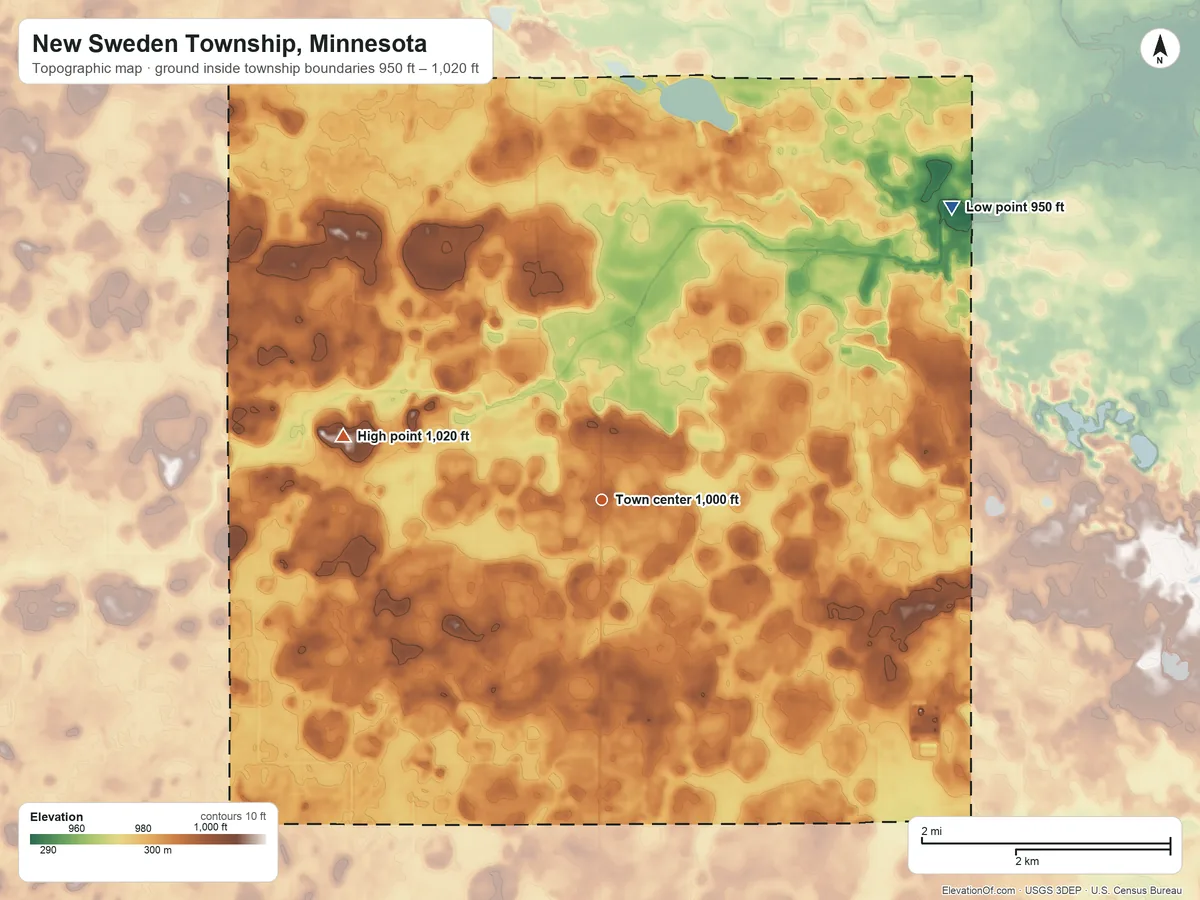 Topographic elevation map of New Sweden Township, Minnesota, shaded from 950 ft on the northeast side to 1,020 ft on the west side