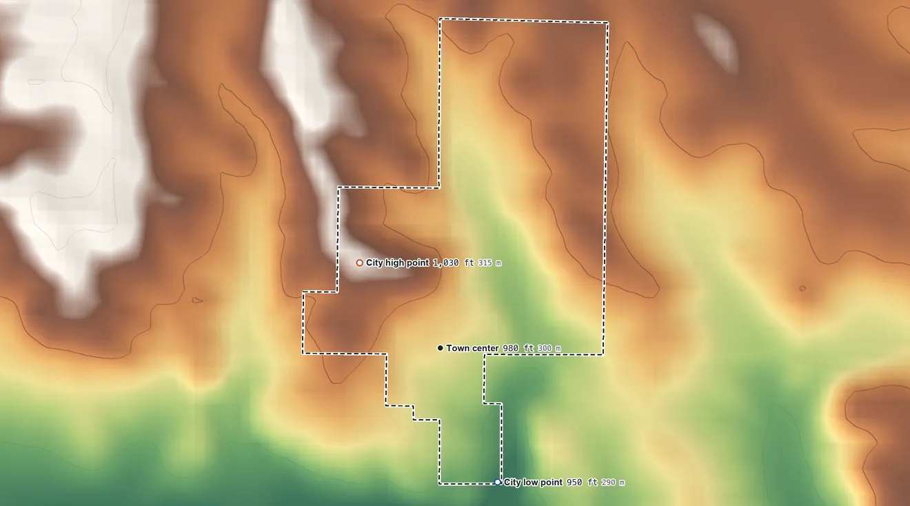 Topographic elevation map of New Trier, Minnesota, shaded from 950 ft on the southeast side to 1,030 ft on the northwest side