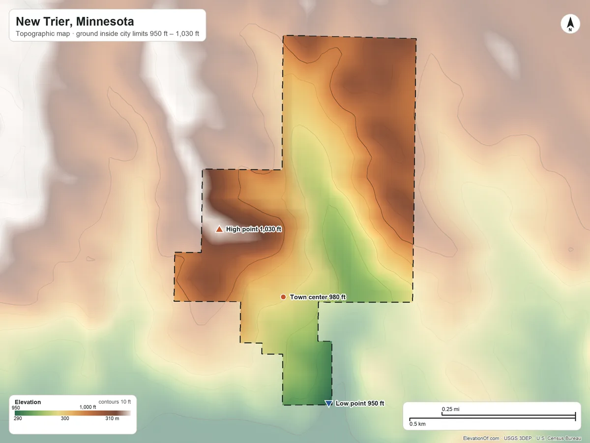 Topographic elevation map of New Trier, Minnesota, shaded from 950 ft on the southeast side to 1,030 ft on the northwest side