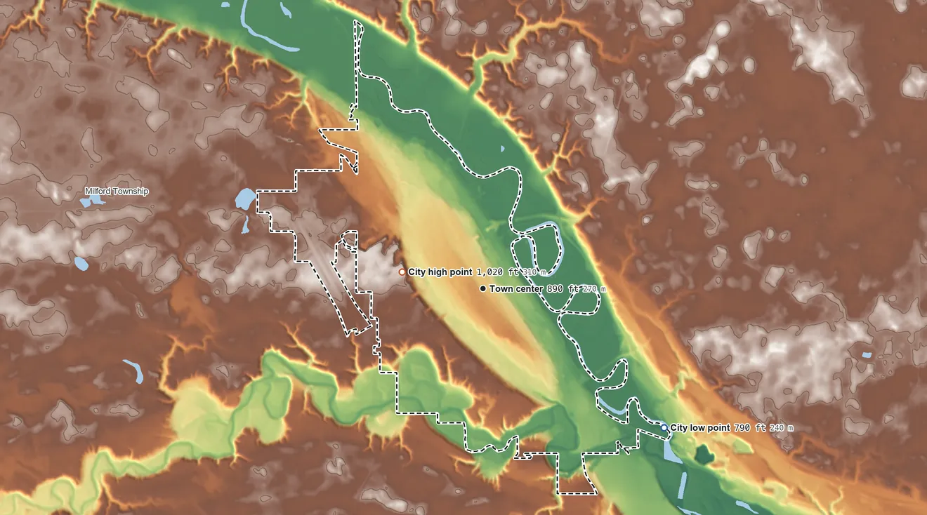 Topographic elevation map of New Ulm, Minnesota, shaded from 790 ft on the southeast side to 1,020 ft on the west side