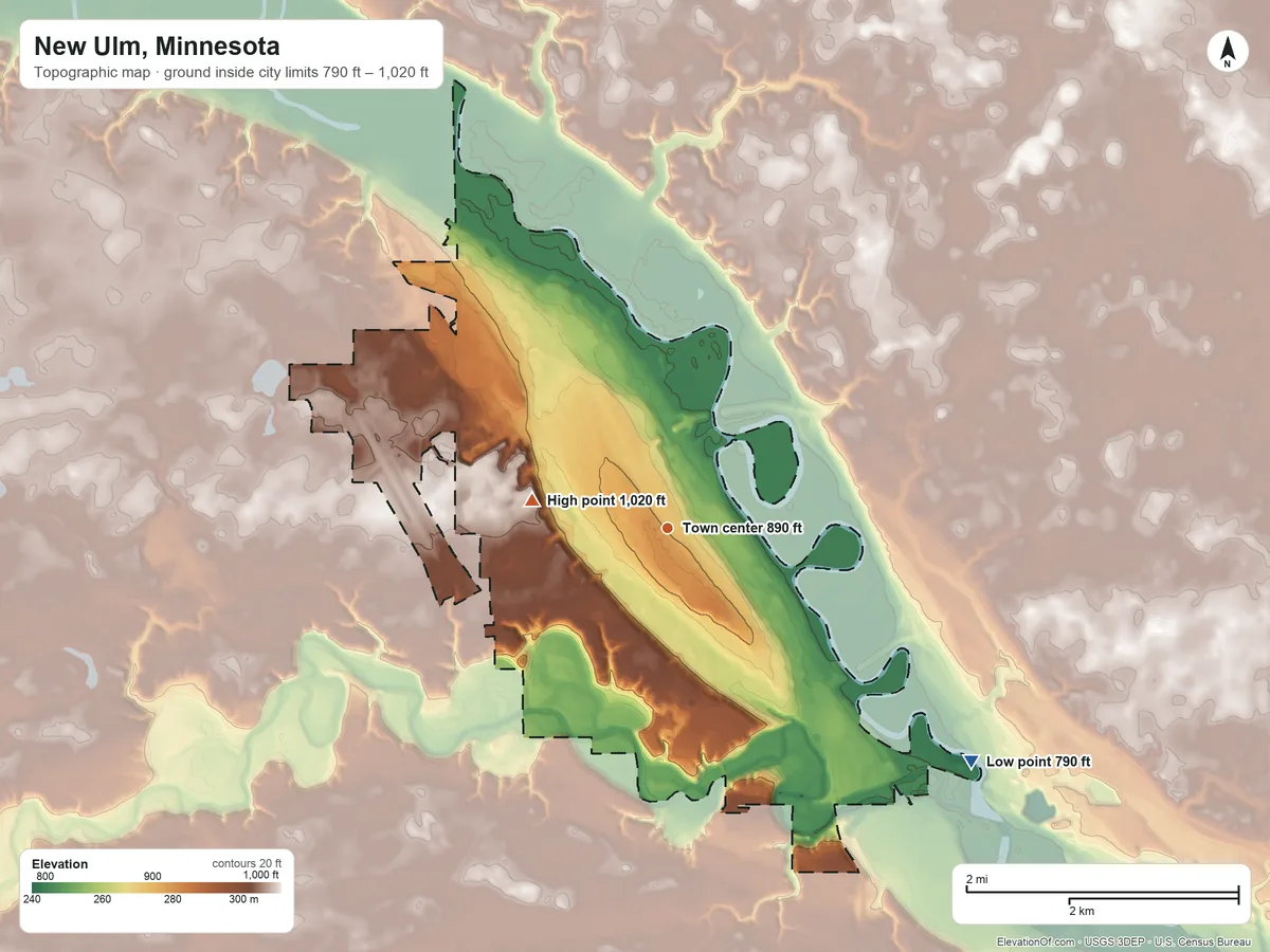 Topographic elevation map of New Ulm, Minnesota, shaded from 790 ft on the southeast side to 1,020 ft on the west side