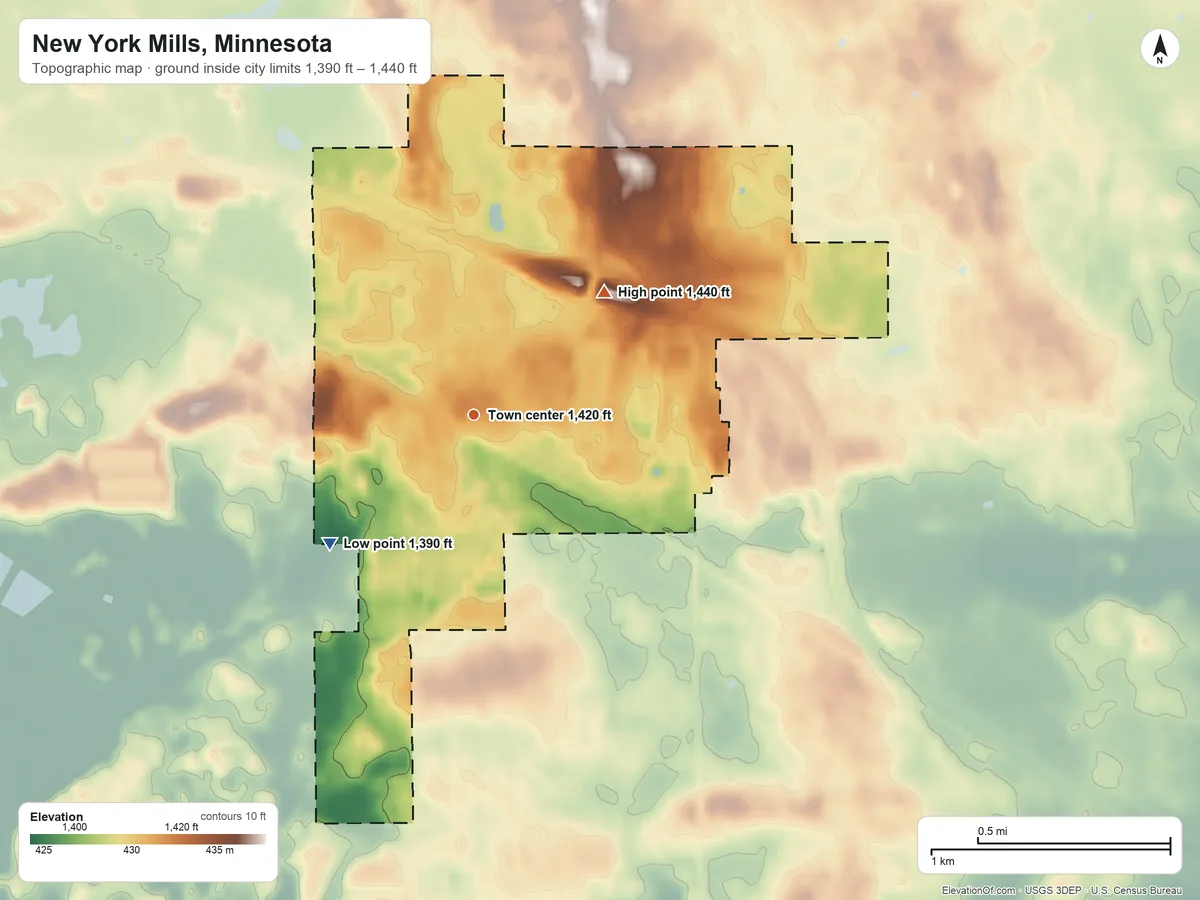 Topographic elevation map of New York Mills, Minnesota, shaded from 1,390 ft on the southwest side to 1,440 ft on the northeast side