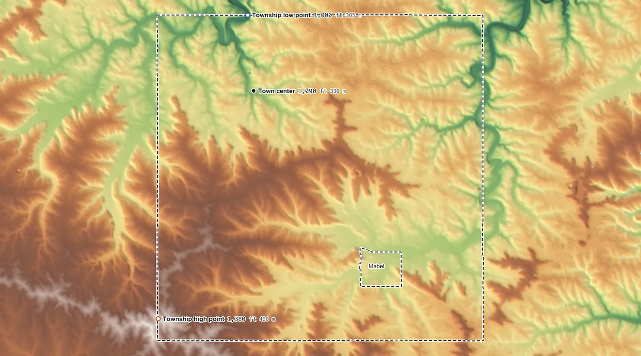 Topographic elevation map of Newburg Township, Minnesota, shaded from 1,000 ft on the north side to 1,380 ft on the southwest side
