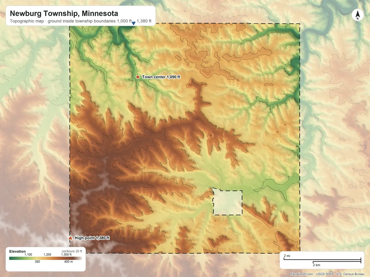 Topographic elevation map of Newburg Township, Minnesota, shaded from 1,000 ft on the north side to 1,380 ft on the southwest side