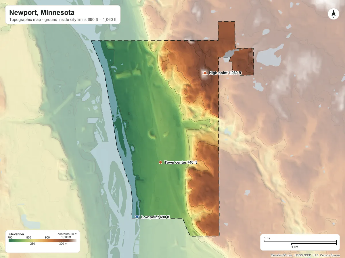 Topographic elevation map of Newport, Minnesota, shaded from 690 ft on the southwest side to 1,060 ft on the northeast side
