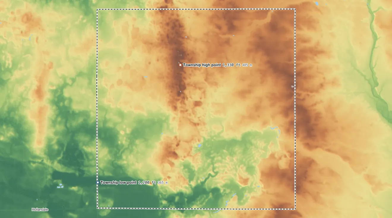 Topographic elevation map of Newry Township, Minnesota, shaded from 1,200 ft on the west side to 1,330 ft on the north side