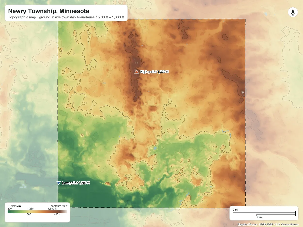 Topographic elevation map of Newry Township, Minnesota, shaded from 1,200 ft on the west side to 1,330 ft on the north side