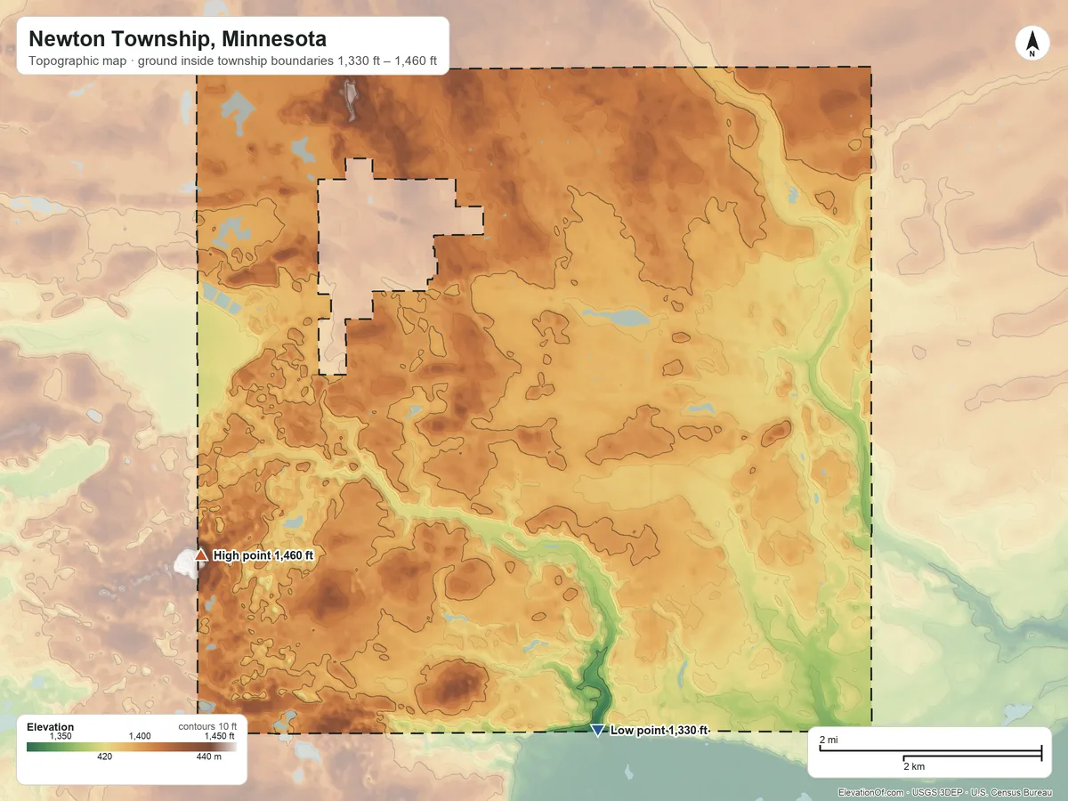 Topographic elevation map of Newton Township, Minnesota, shaded from 1,330 ft on the south side to 1,460 ft on the southwest side