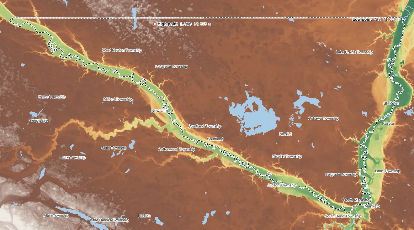 Topographic elevation map of Nicollet County, Minnesota, shaded from 720 ft on the northeast side to 1,060 ft on the northwest side