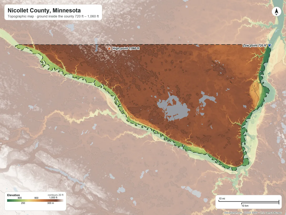 Topographic elevation map of Nicollet County, Minnesota, shaded from 720 ft on the northeast side to 1,060 ft on the northwest side