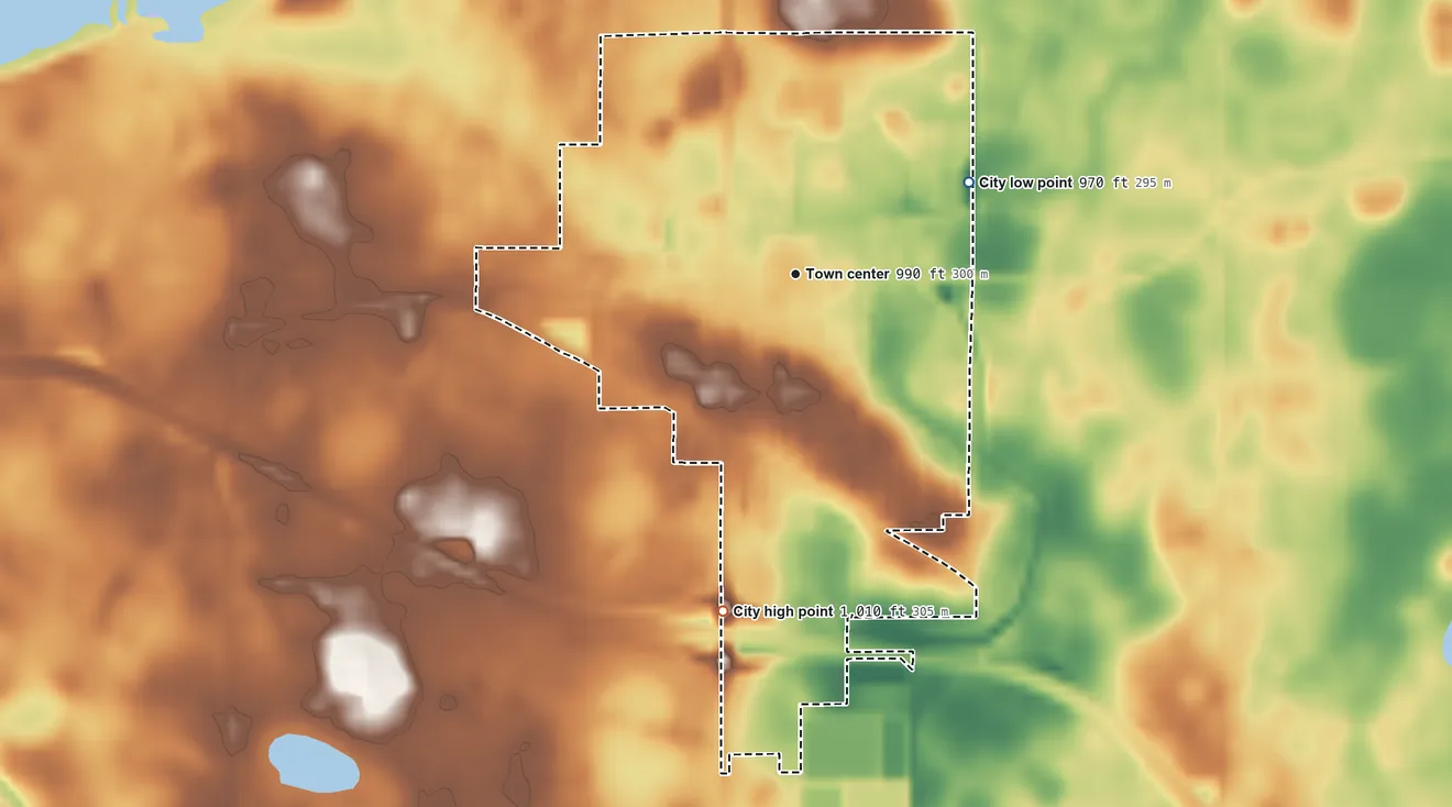 Topographic elevation map of Nicollet, Minnesota, shaded from 970 ft on the northeast side to 1,010 ft on the south side