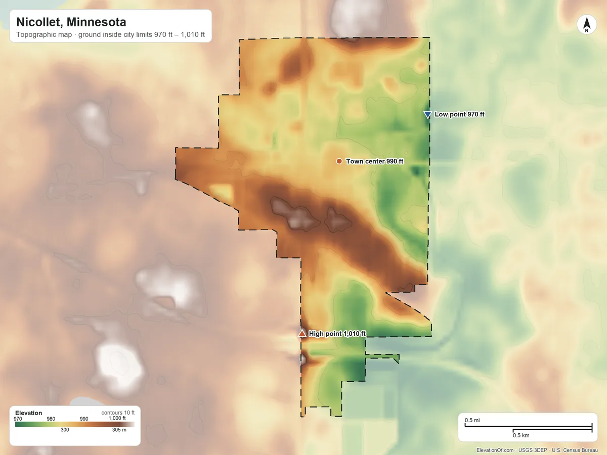 Topographic elevation map of Nicollet, Minnesota, shaded from 970 ft on the northeast side to 1,010 ft on the south side