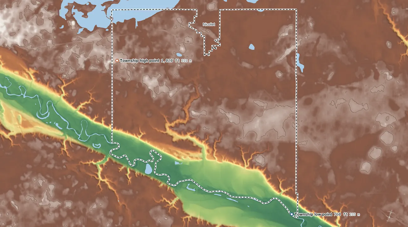 Topographic elevation map of Nicollet Township, Minnesota, shaded from 760 ft on the southeast side to 1,020 ft on the west side