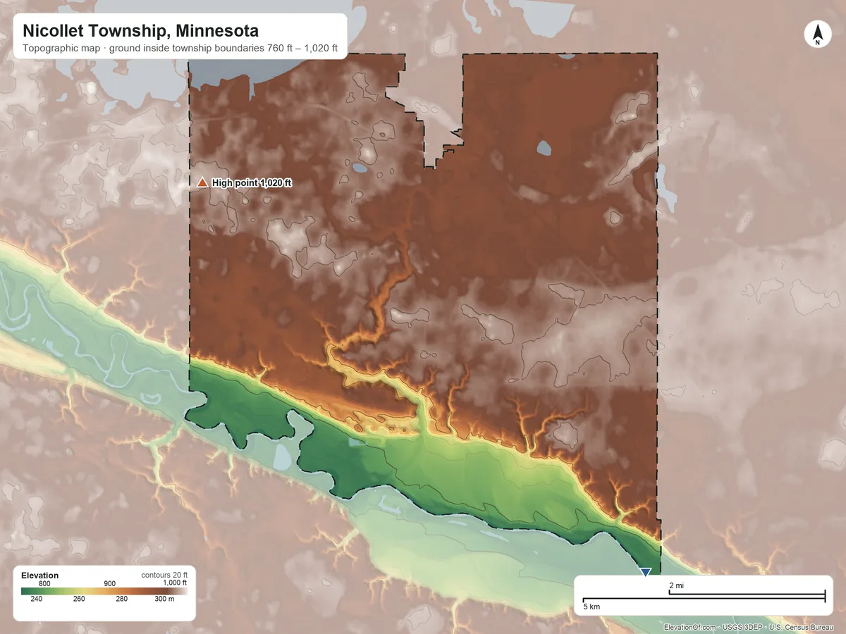 Topographic elevation map of Nicollet Township, Minnesota, shaded from 760 ft on the southeast side to 1,020 ft on the west side