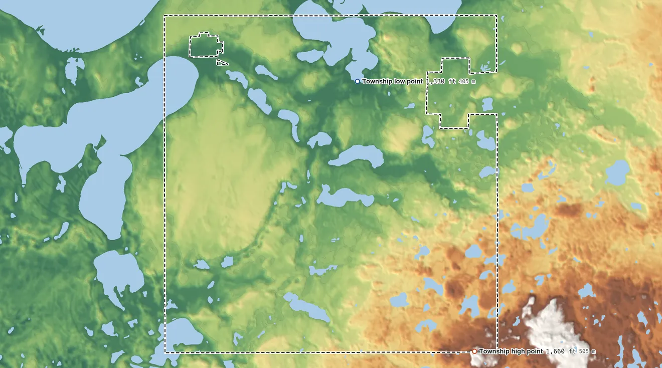 Topographic elevation map of Nidaros Township, Minnesota, shaded from 1,330 ft on the northeast side to 1,660 ft on the southeast side