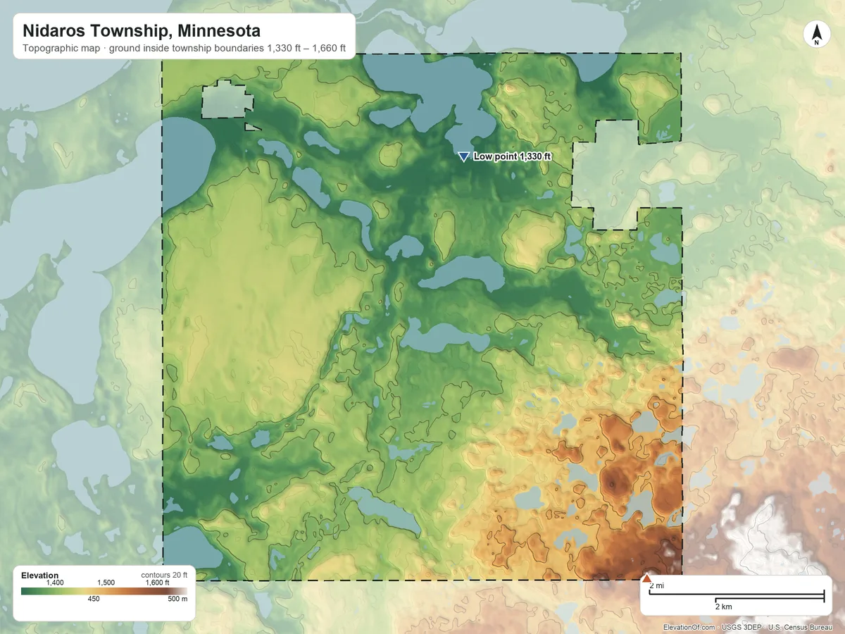 Topographic elevation map of Nidaros Township, Minnesota, shaded from 1,330 ft on the northeast side to 1,660 ft on the southeast side