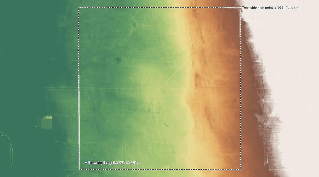 Topographic elevation map of Nilsen Township, Minnesota, shaded from 970 ft on the southwest side to 1,000 ft on the northeast side