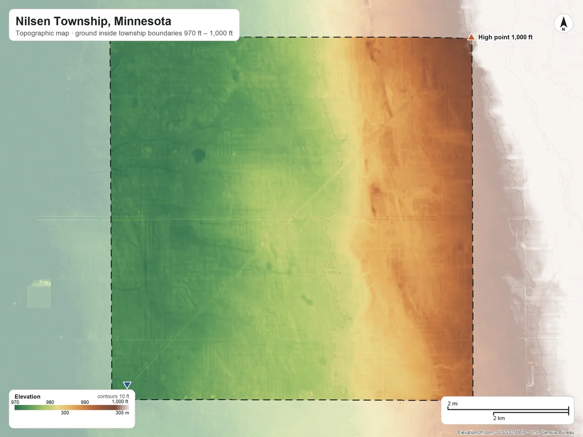 Topographic elevation map of Nilsen Township, Minnesota, shaded from 970 ft on the southwest side to 1,000 ft on the northeast side