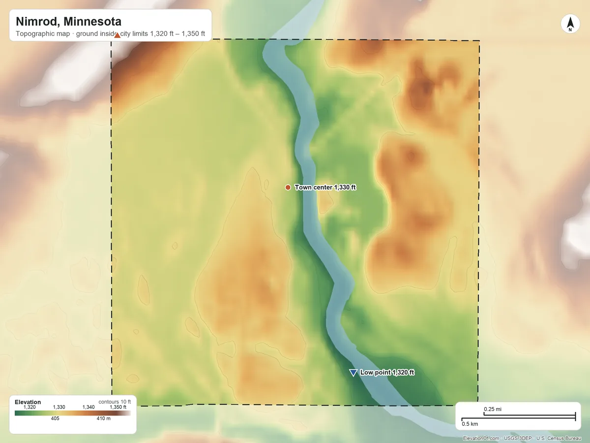 Topographic elevation map of Nimrod, Minnesota, shaded from 1,320 ft on the south side to 1,350 ft on the northwest side