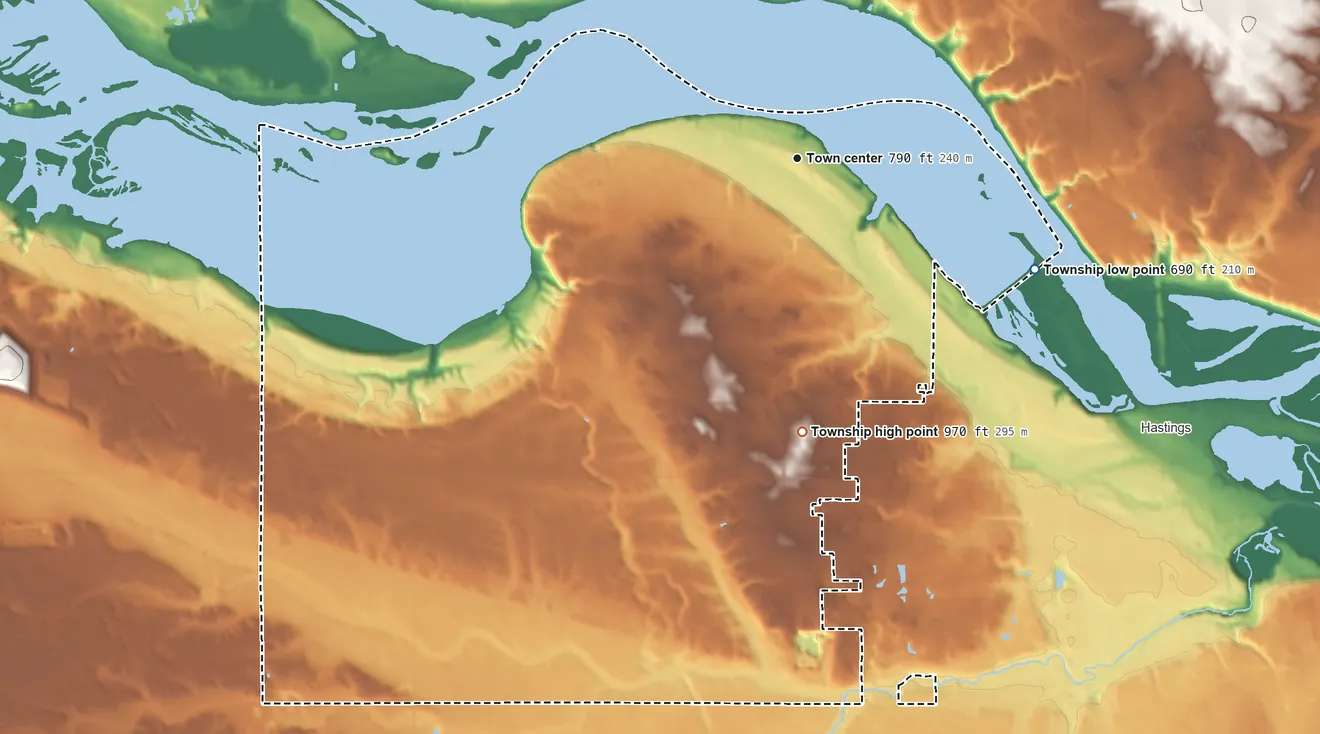 Topographic elevation map of Nininger Township, Minnesota, shaded from 690 ft on the southeast side to 970 ft on the south side