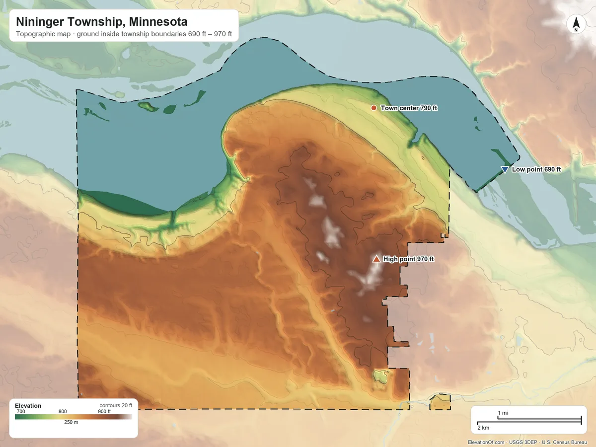 Topographic elevation map of Nininger Township, Minnesota, shaded from 690 ft on the southeast side to 970 ft on the south side