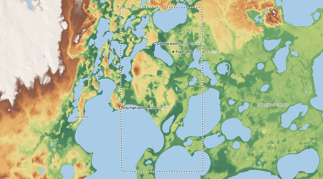 Topographic elevation map of Nisswa, Minnesota, shaded from 1,190 ft on the northwest side to 1,300 ft on the southwest side