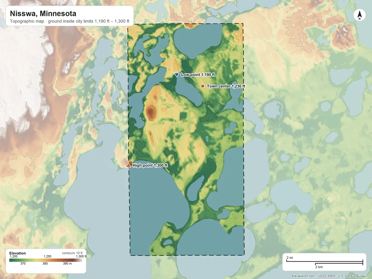 Topographic elevation map of Nisswa, Minnesota, shaded from 1,190 ft on the northwest side to 1,300 ft on the southwest side