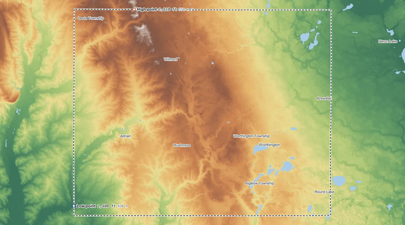 Topographic elevation map of Nobles County, Minnesota, shaded from 1,400 ft on the southwest side to 1,810 ft on the northwest side