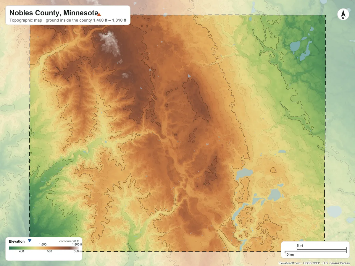 Topographic elevation map of Nobles County, Minnesota, shaded from 1,400 ft on the southwest side to 1,810 ft on the northwest side
