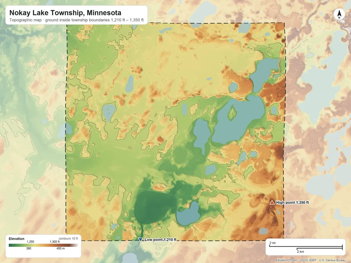 Topographic elevation map of Nokay Lake Township, Minnesota, shaded from 1,210 ft on the southwest side to 1,350 ft on the east side