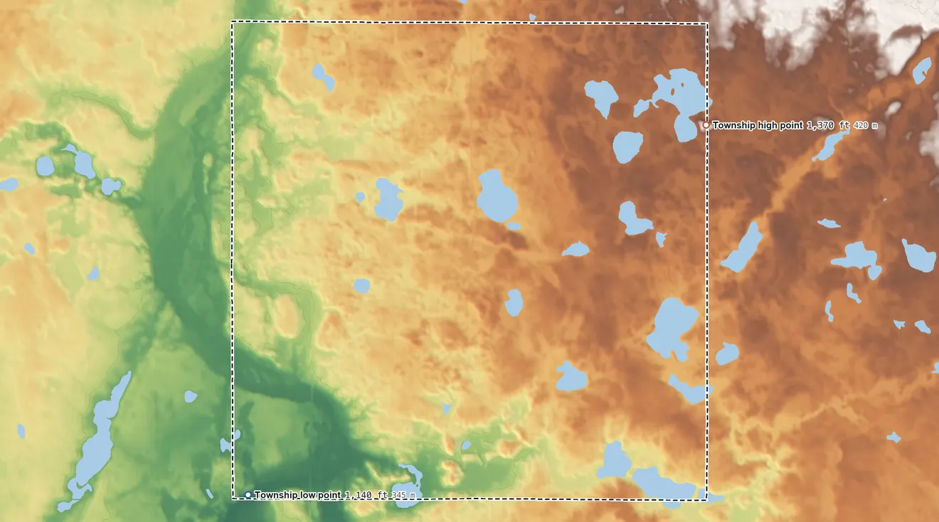 Topographic elevation map of Nora Township, Pope County, Minnesota, shaded from 1,140 ft on the southwest side to 1,370 ft on the northeast side