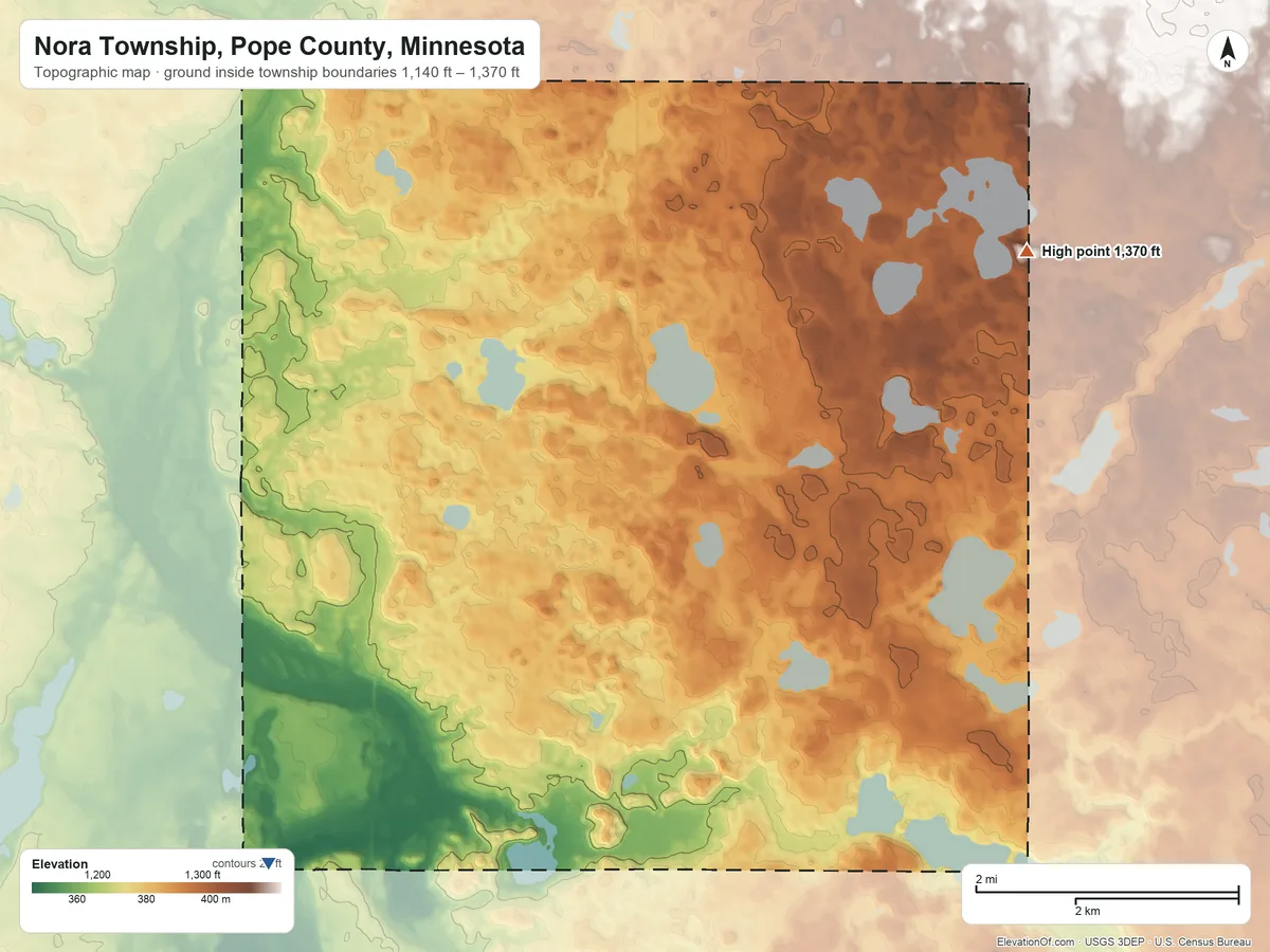 Topographic elevation map of Nora Township, Pope County, Minnesota, shaded from 1,140 ft on the southwest side to 1,370 ft on the northeast side