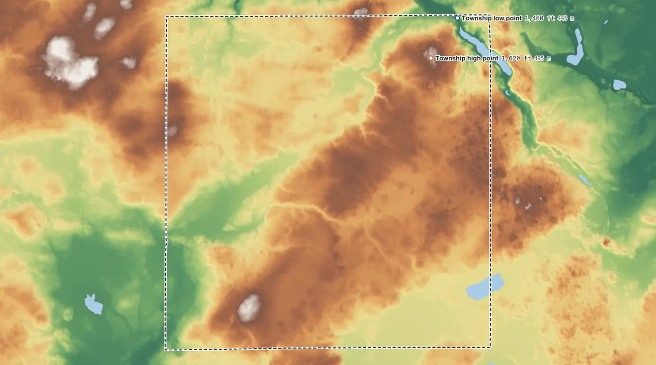 Topographic elevation map of Nora Township, Minnesota, shaded from 1,460 ft on the northeast side to 1,620 ft on the northeast side