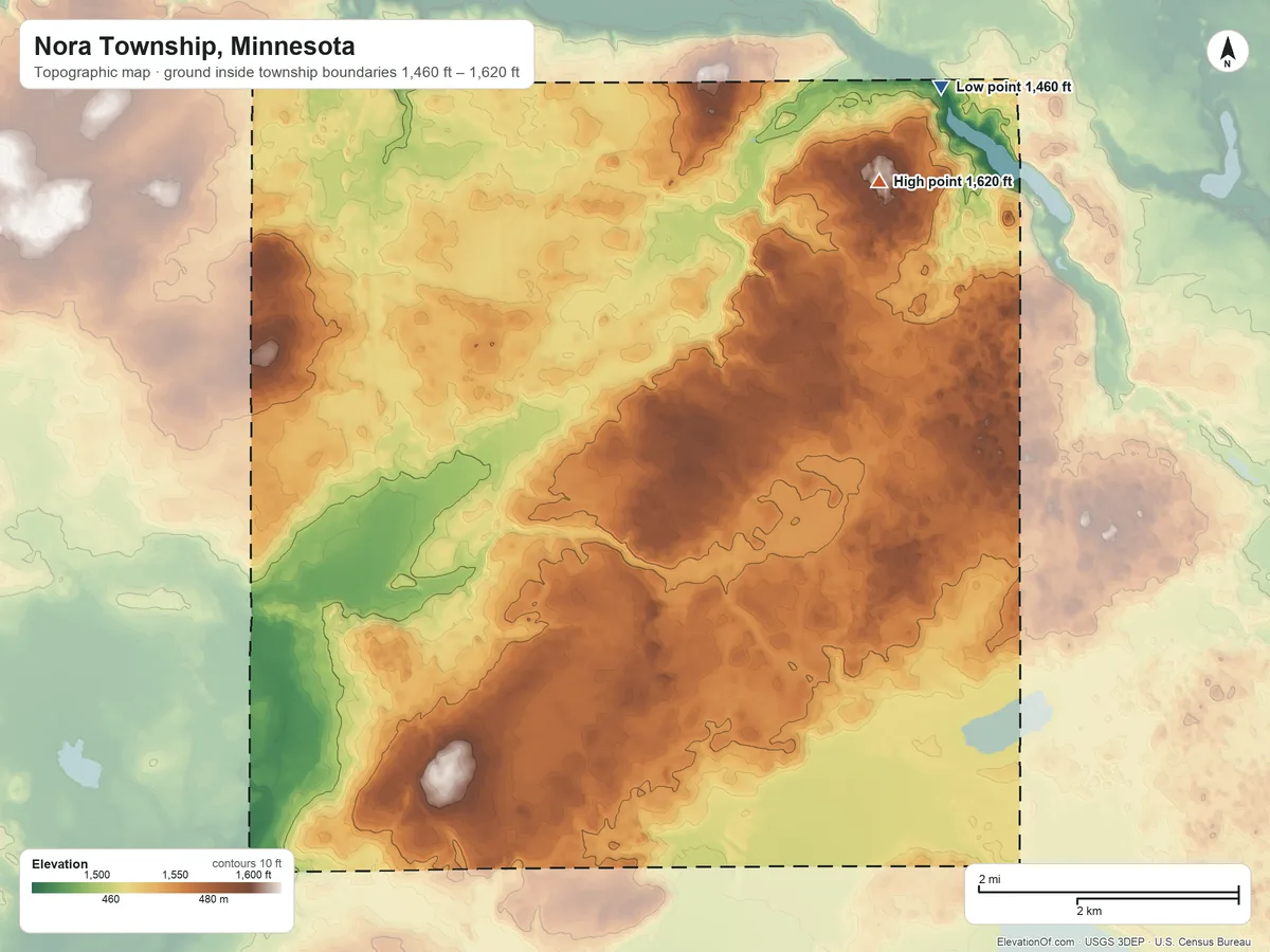 Topographic elevation map of Nora Township, Minnesota, shaded from 1,460 ft on the northeast side to 1,620 ft on the northeast side