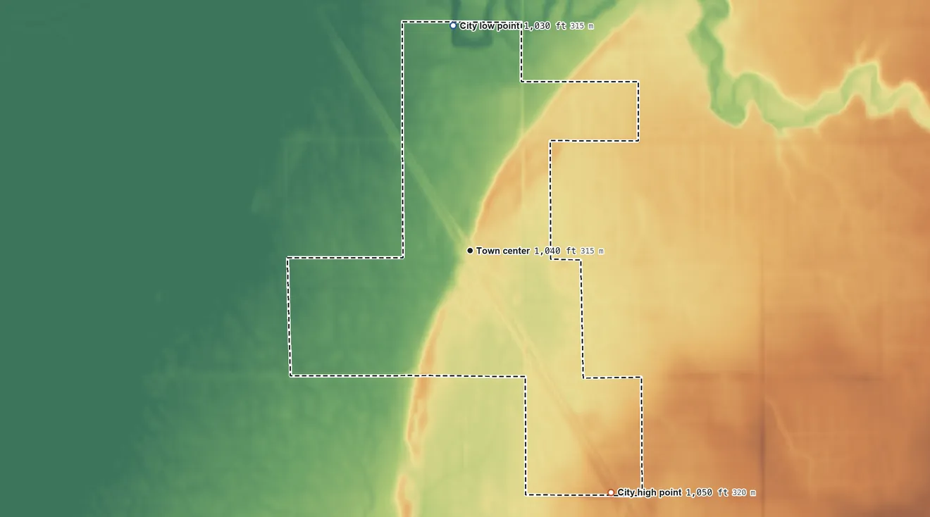 Topographic elevation map of Norcross, Minnesota, shaded from 1,030 ft on the north side to 1,050 ft on the southeast side