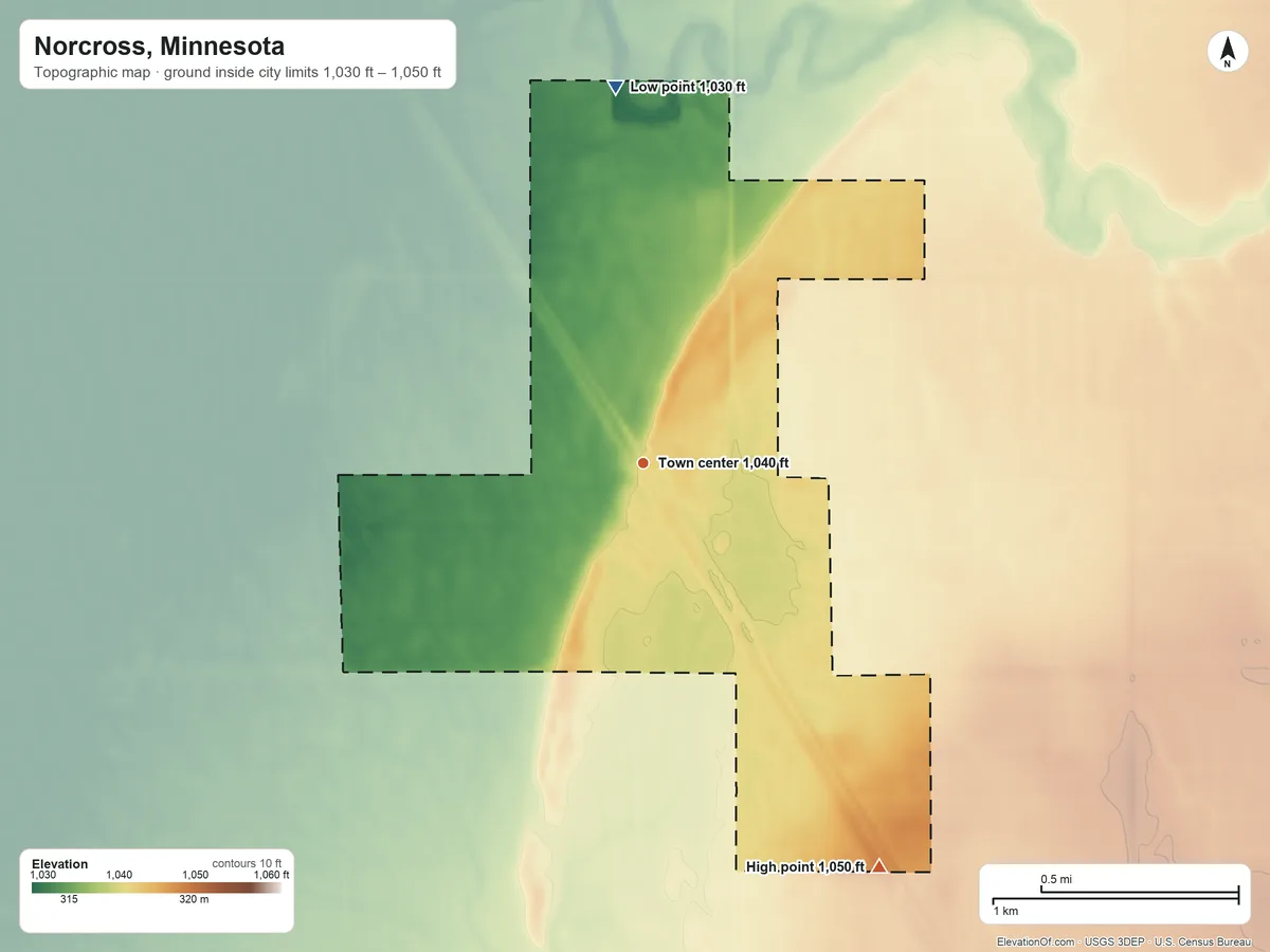 Topographic elevation map of Norcross, Minnesota, shaded from 1,030 ft on the north side to 1,050 ft on the southeast side