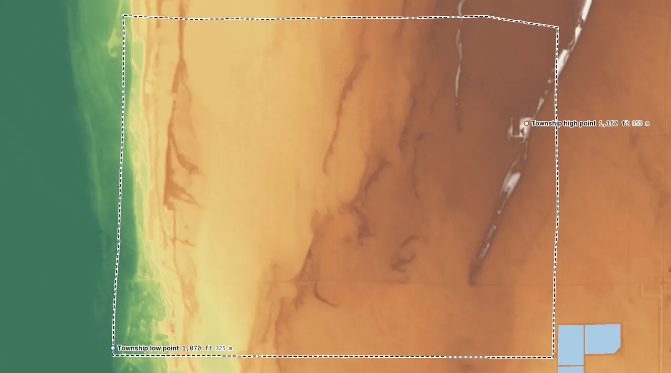Topographic elevation map of Norden Township, Minnesota, shaded from 1,070 ft on the west side to 1,160 ft on the northeast side