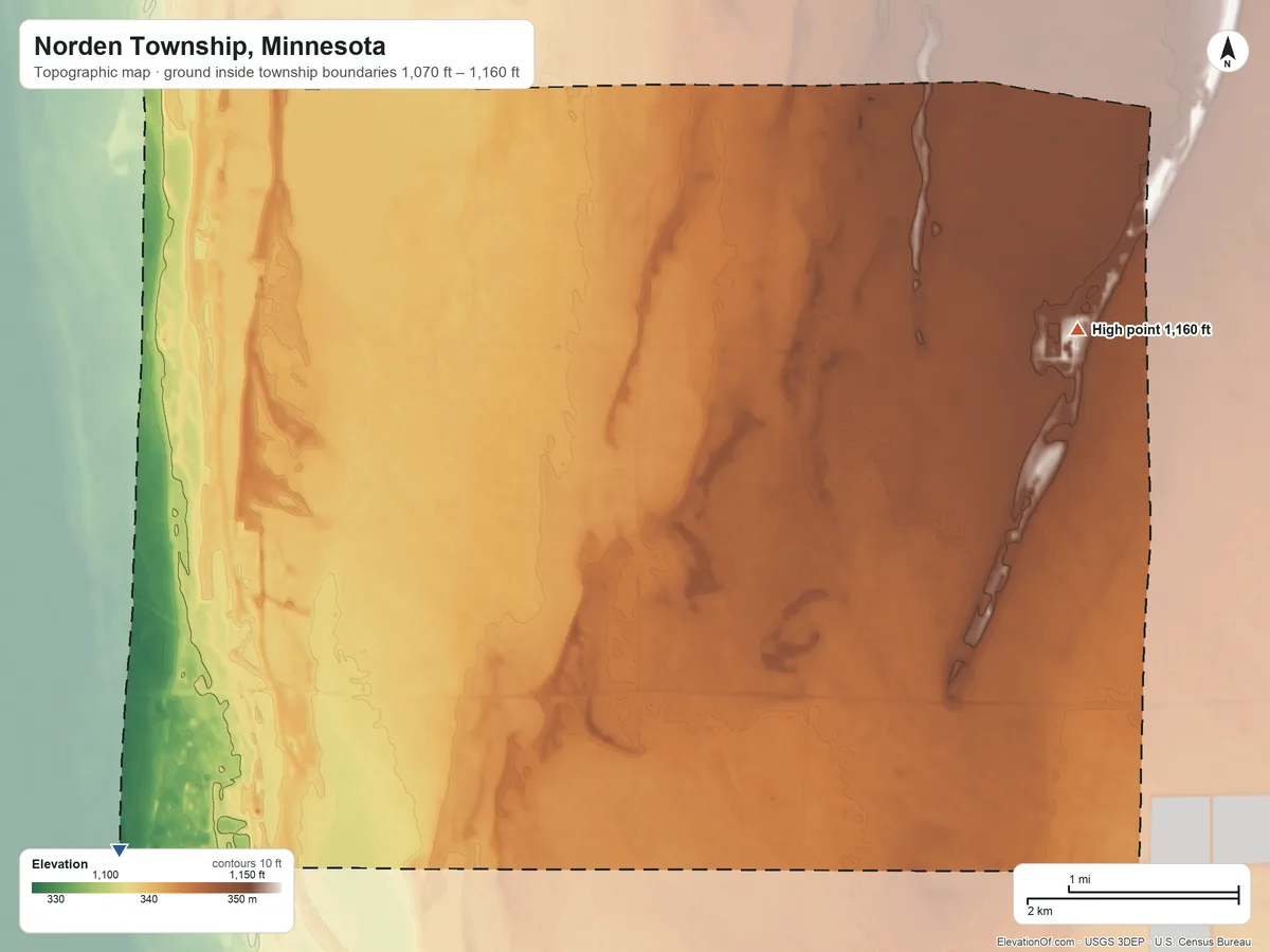 Topographic elevation map of Norden Township, Minnesota, shaded from 1,070 ft on the west side to 1,160 ft on the northeast side