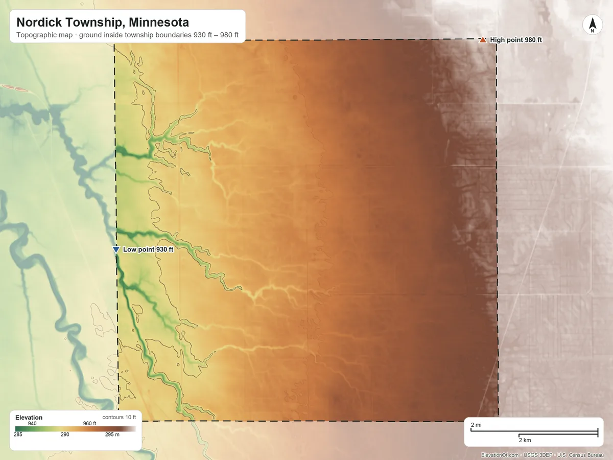 Topographic elevation map of Nordick Township, Minnesota, shaded from 930 ft on the west side to 980 ft on the northeast side